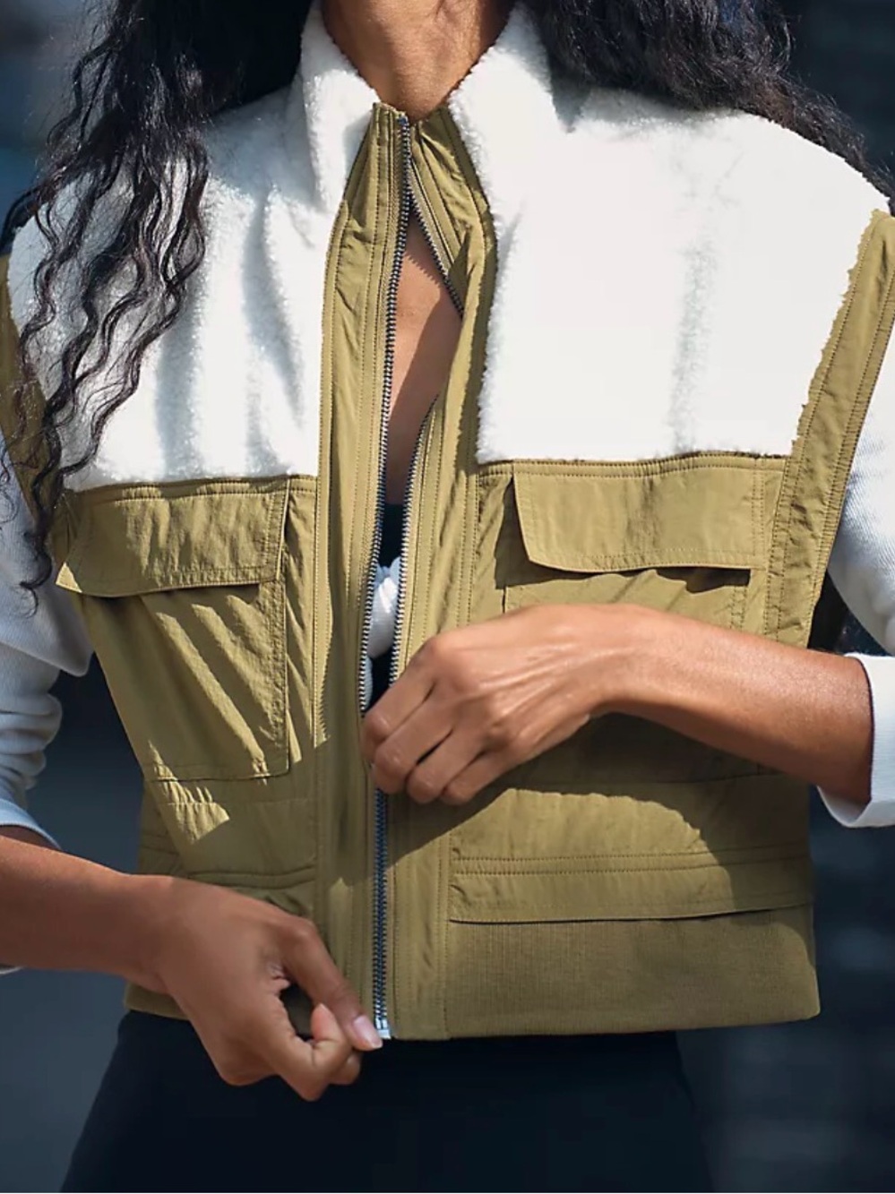 Daily practice anthropology rare olive green Sherpa white detail layering vest